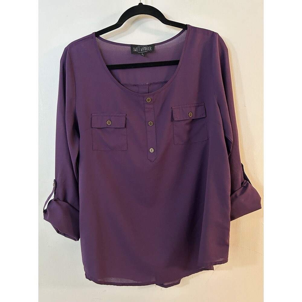Sweet Wanderer Women's XL Purple Button Front Chiffon Sheer Blouse